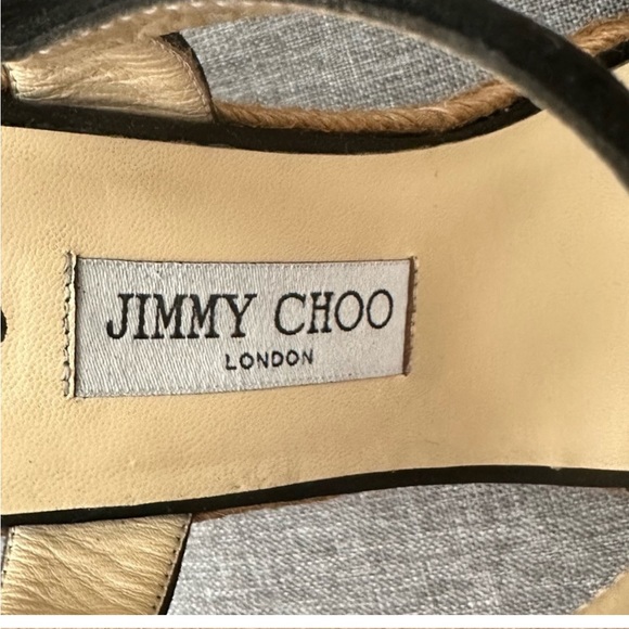 Jimmy Choo Crystal Embellished Buckle Espadrille Wedge Heels Shoes Black Leather - Picture 6 of 9